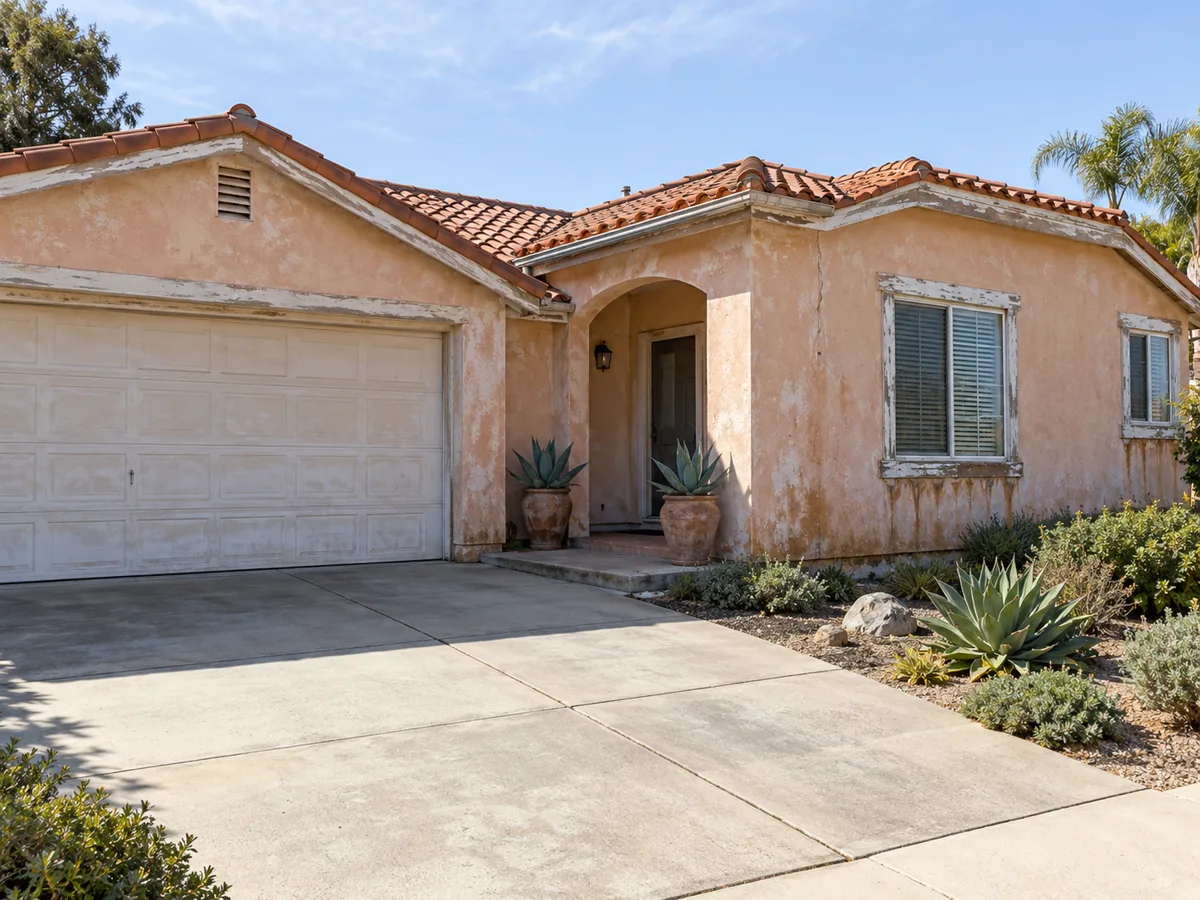 Single-story stucco home with a red tile roof, the stucco faded blotchy peach with cracks and stains, peeling trim and a sun-bleached garage door, two potted agaves by the arched entry