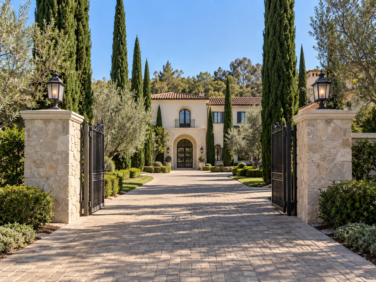Stone gate pillars with lanterns and open black iron gates leading down a paver drive lined with cypress trees to a cream Mediterranean villa.