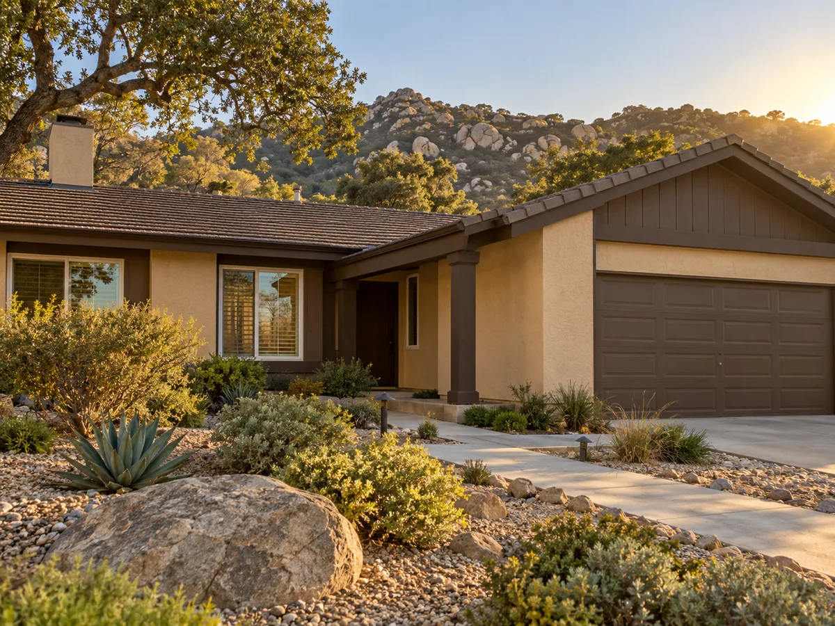 Single-story tan stucco ranch home with dark brown trim and garage door, a rock and boulder garden with agave, oak trees and granite boulder hills behind at sunset.