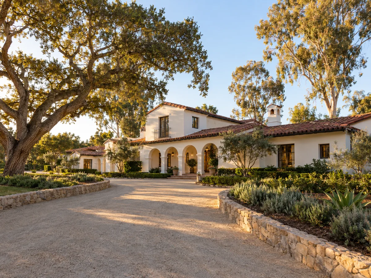 White stucco Spanish-style estate with a red tile roof and arched porch, a gravel drive edged with stone walls, under a large oak and eucalyptus trees.