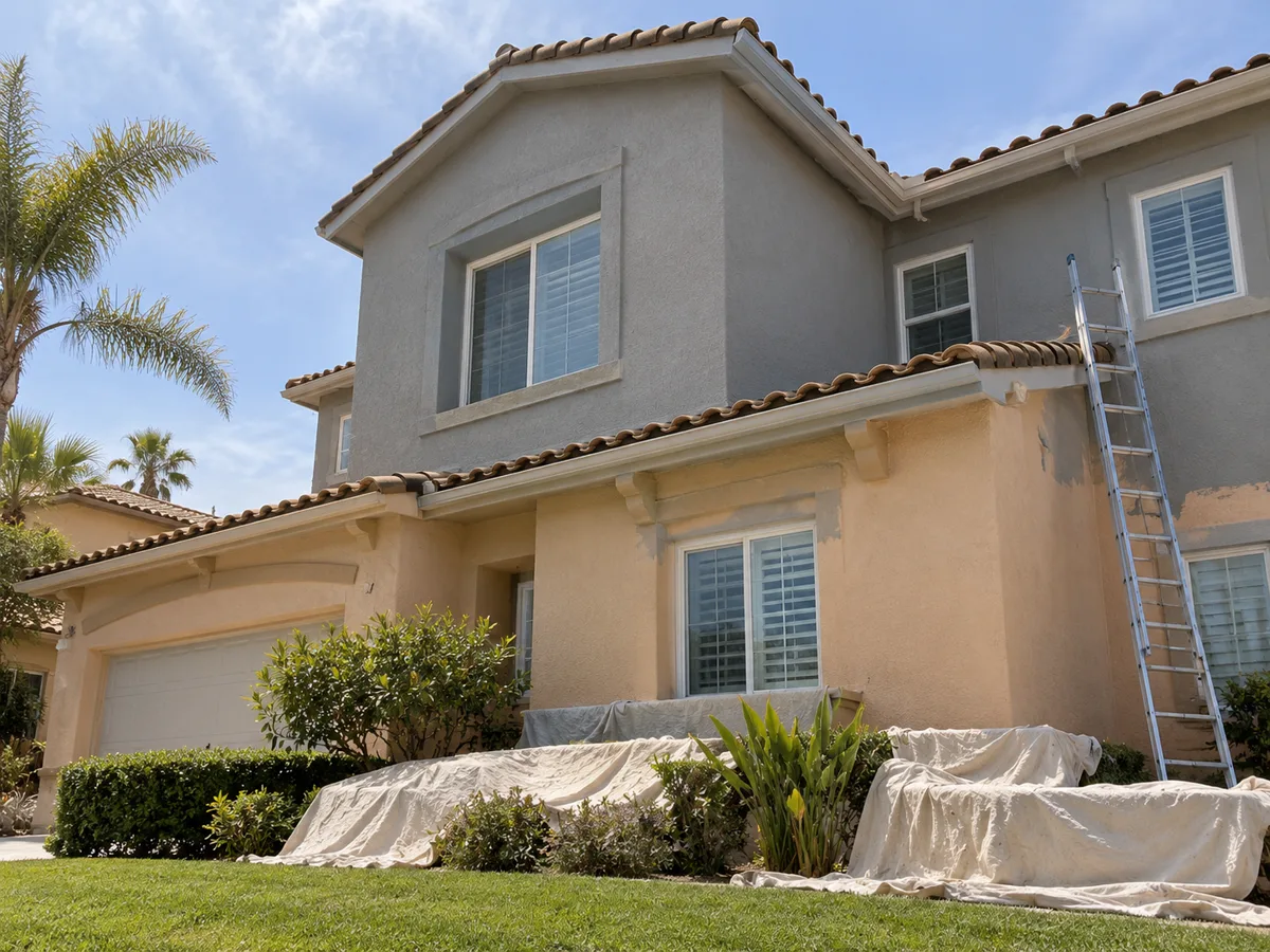 Two-story stucco house mid-repaint, the upper storey fresh warm grey and the lower storey still faded peach, an aluminium extension ladder against the wall and drop cloths over the shrubs.