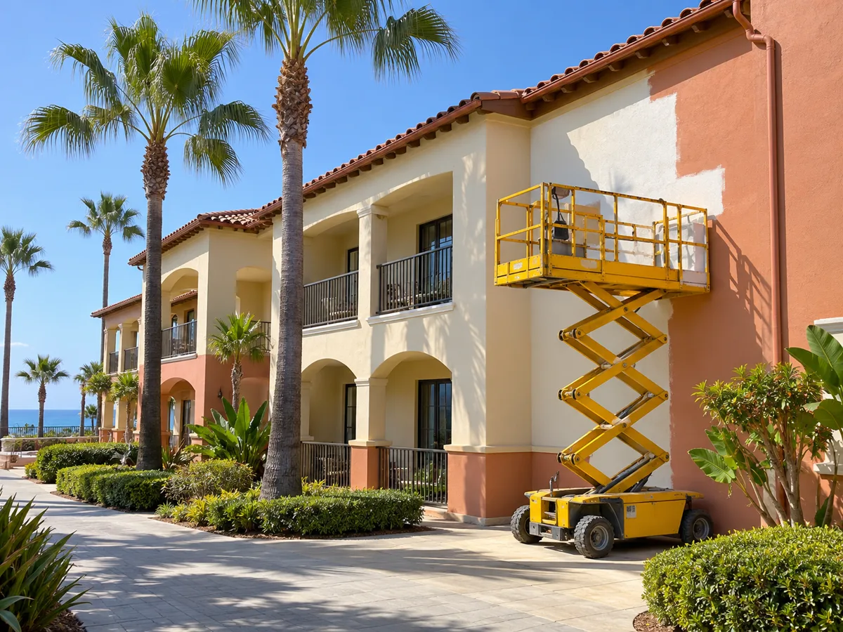 Low-rise resort building with arched balconies and a tile roof, a yellow scissor lift parked at the wall and part of the upper wall repainted cream beside terracotta.