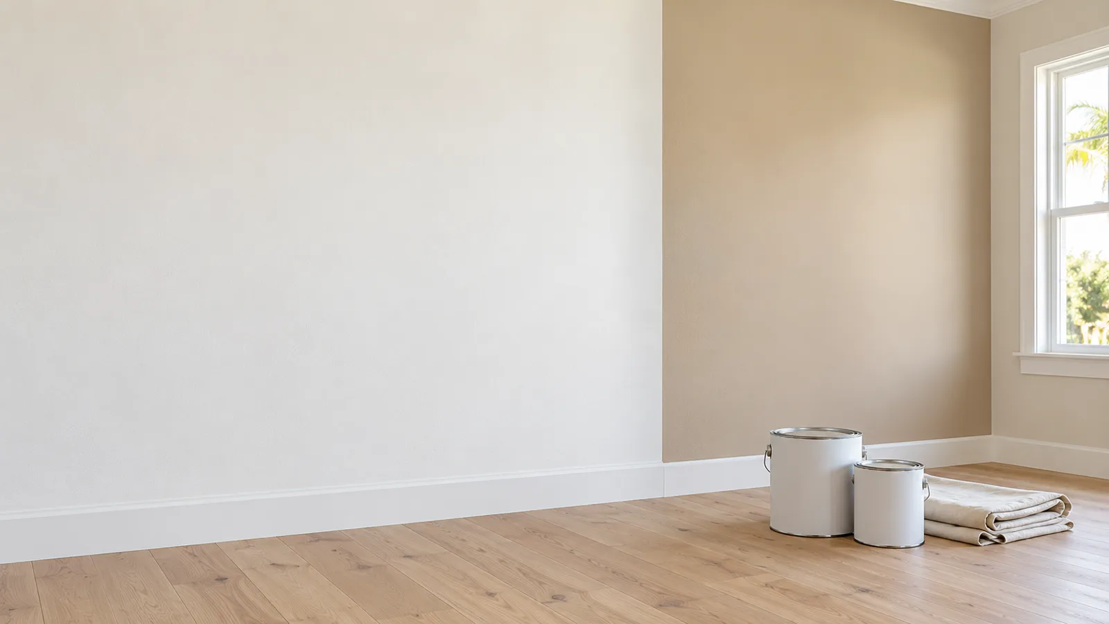 Empty room with a smooth warm-white wall on the left and a sand-coloured accent wall on the right, two paint cans and a folded drop cloth on a light oak floor by the window.
