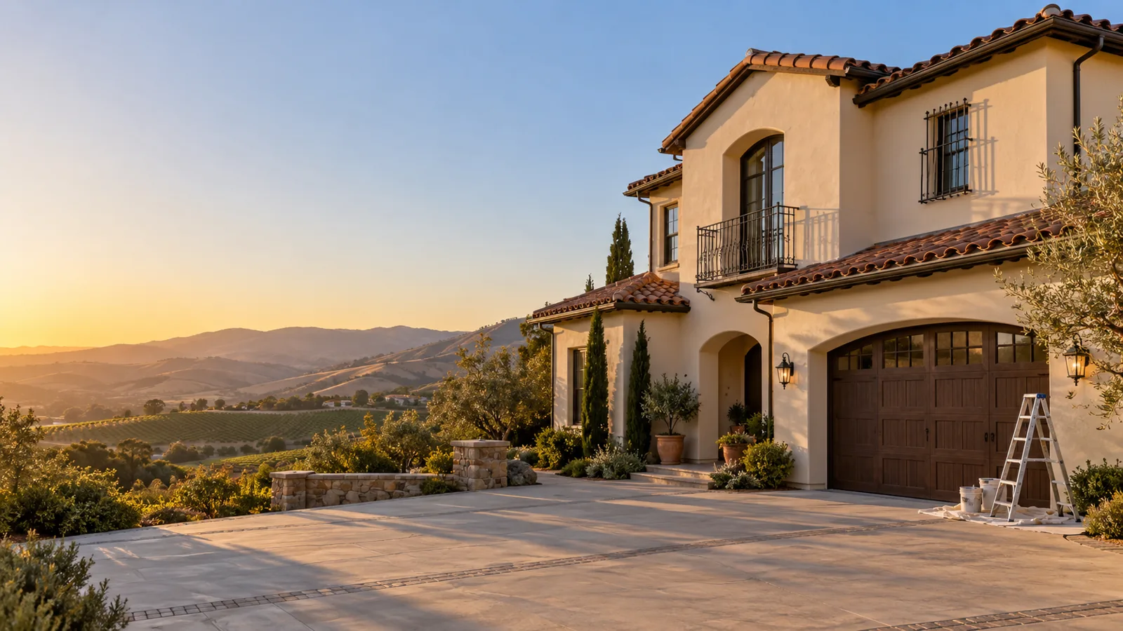 Two-storey cream stucco Mediterranean house with a terracotta tile roof and wrought-iron balcony, a stepladder and drop cloth beside the garage, and golden hills with vineyard rows behind in late-afternoon light