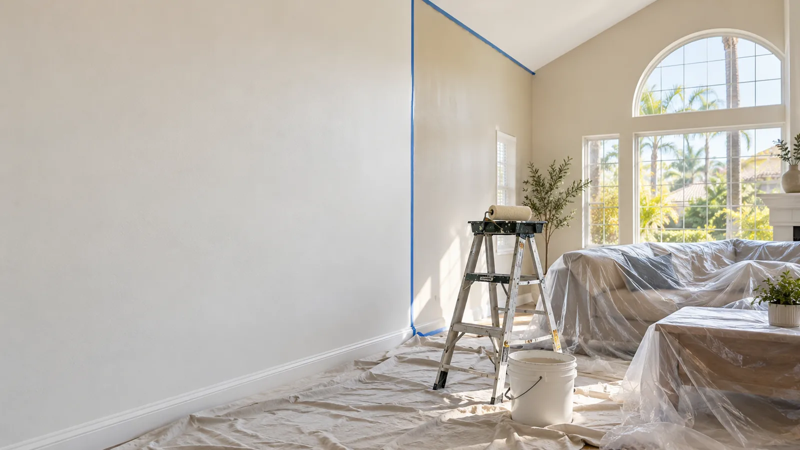 Bright living room mid-repaint with a smooth warm-white wall edged in blue painter's tape, a roller on a stepladder, drop cloths on the floor, furniture under plastic sheeting and a large arched window