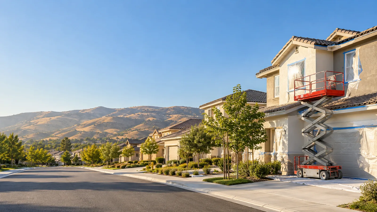 Suburban hillside street of stucco homes with tile roofs, one two-storey house masked in plastic and blue tape with a red scissor lift parked in front, dry golden hills behind under a clear sky